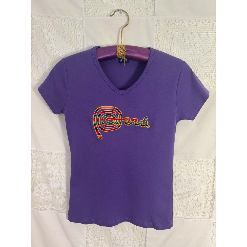 Purple Embroidered Peru Graphic Indie Sleeze Streetwear Boho‎ V-Neck Size L